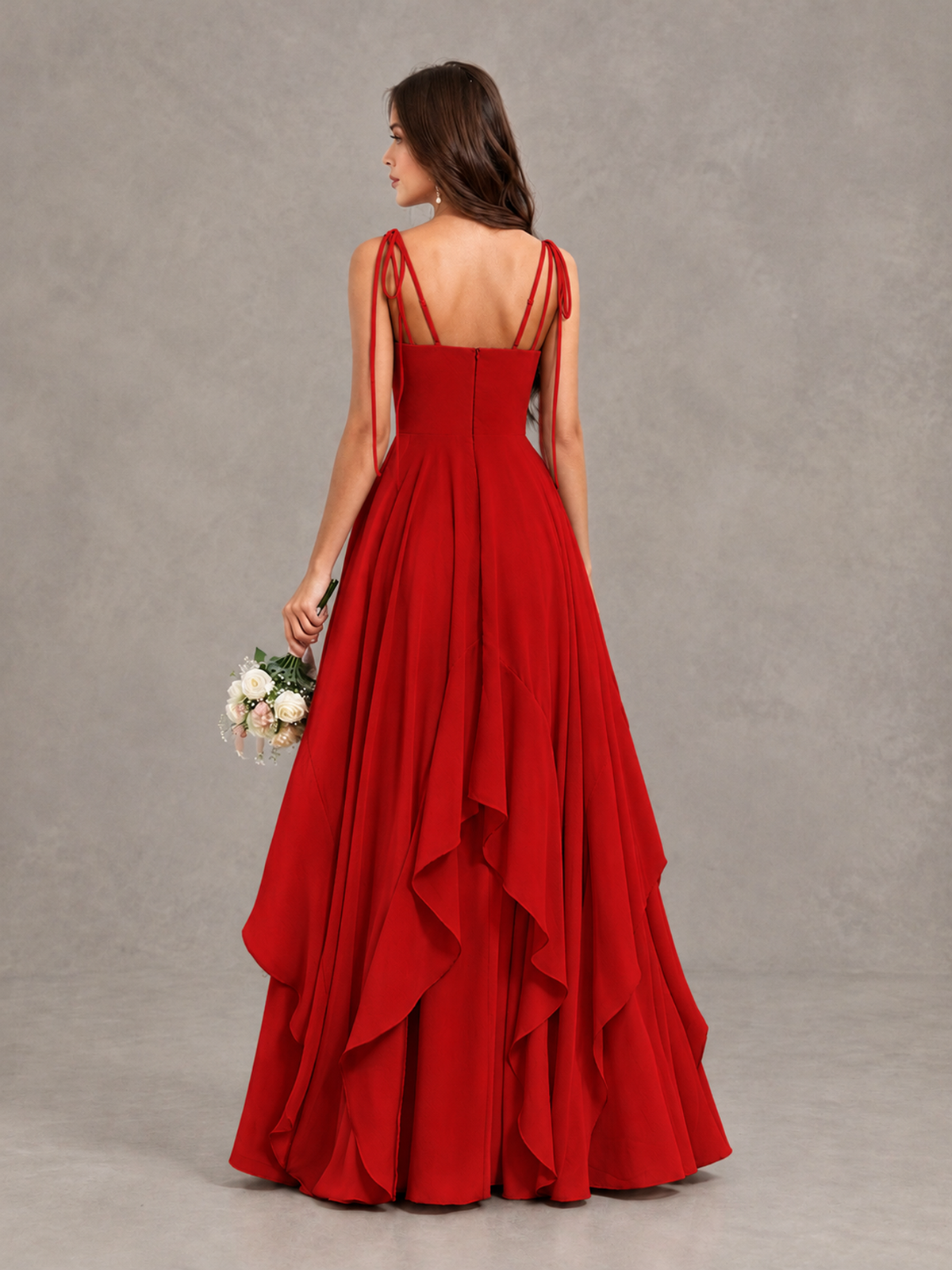 BOLODOO Red Tie-Strap Ruffle A-Line Bridesmaid Dress - Red - Red_2