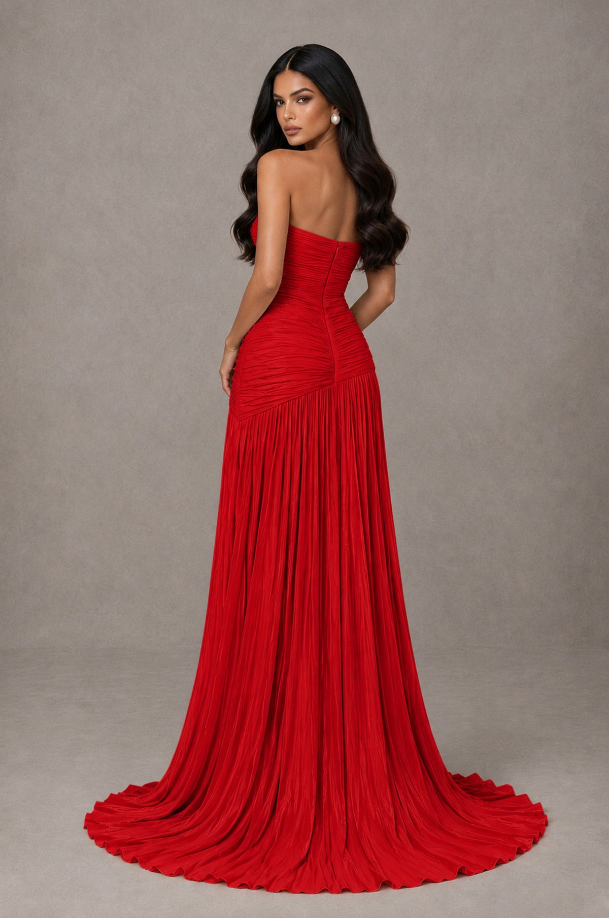 BOLODOO Red Metallic Ruched Strapless Pleated A-Line Backless Maxi Dress with Train - Red - Red_2