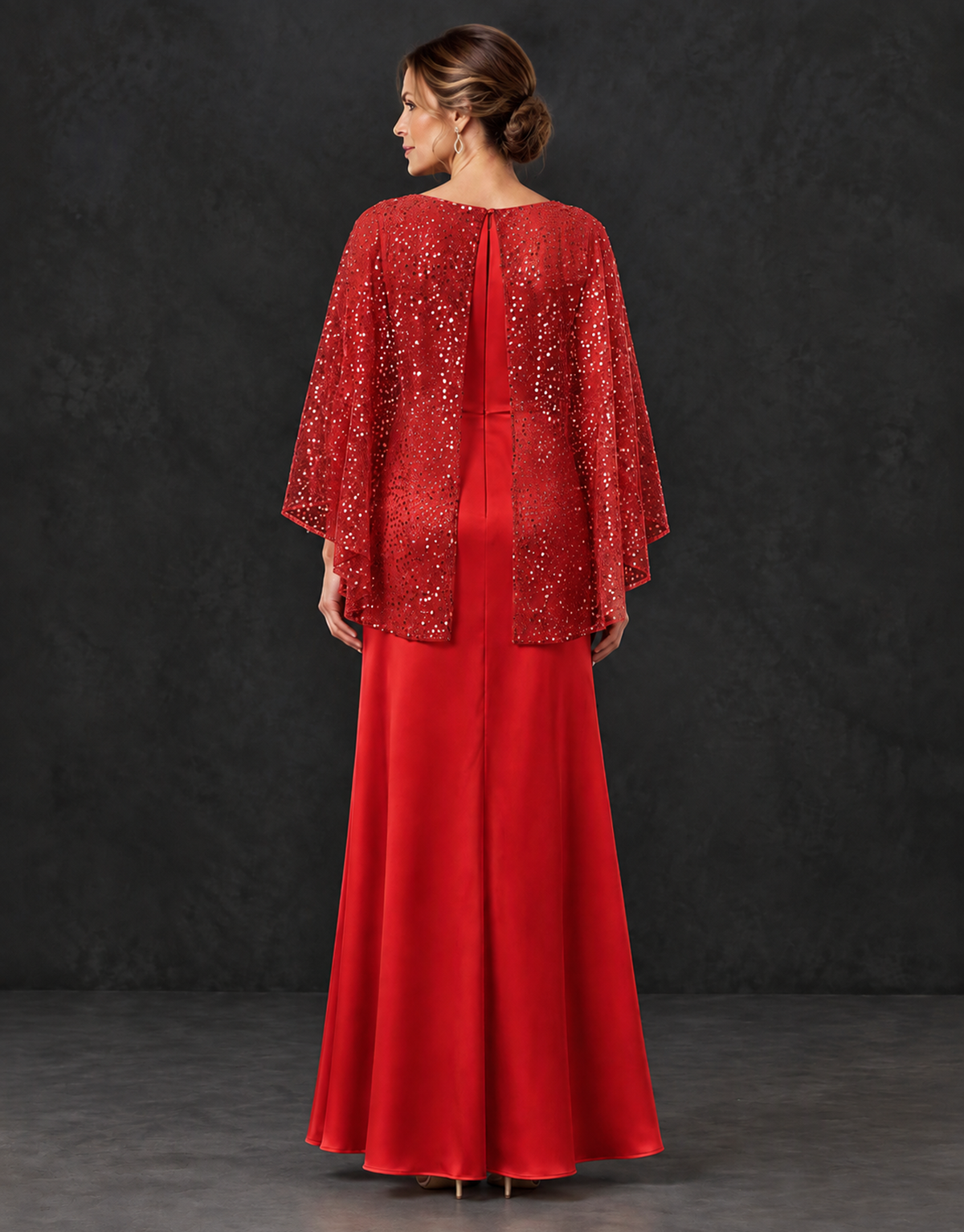BOLODOO Red Sparkle Cape Sleeve Mother of the Bride Dress - Red - Red_2