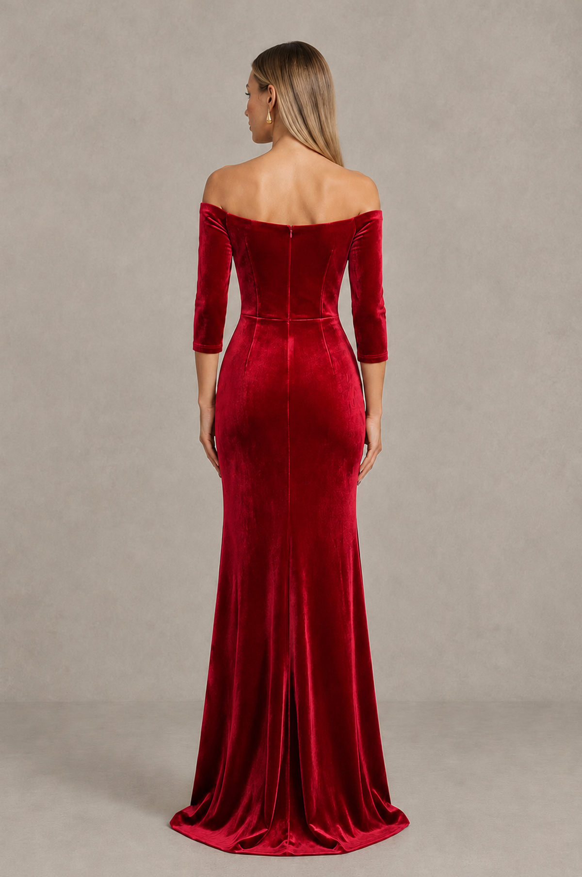 BOLODOO Red Off-Shoulder Velvet Evening Dress with High Slit - Red - Red_2