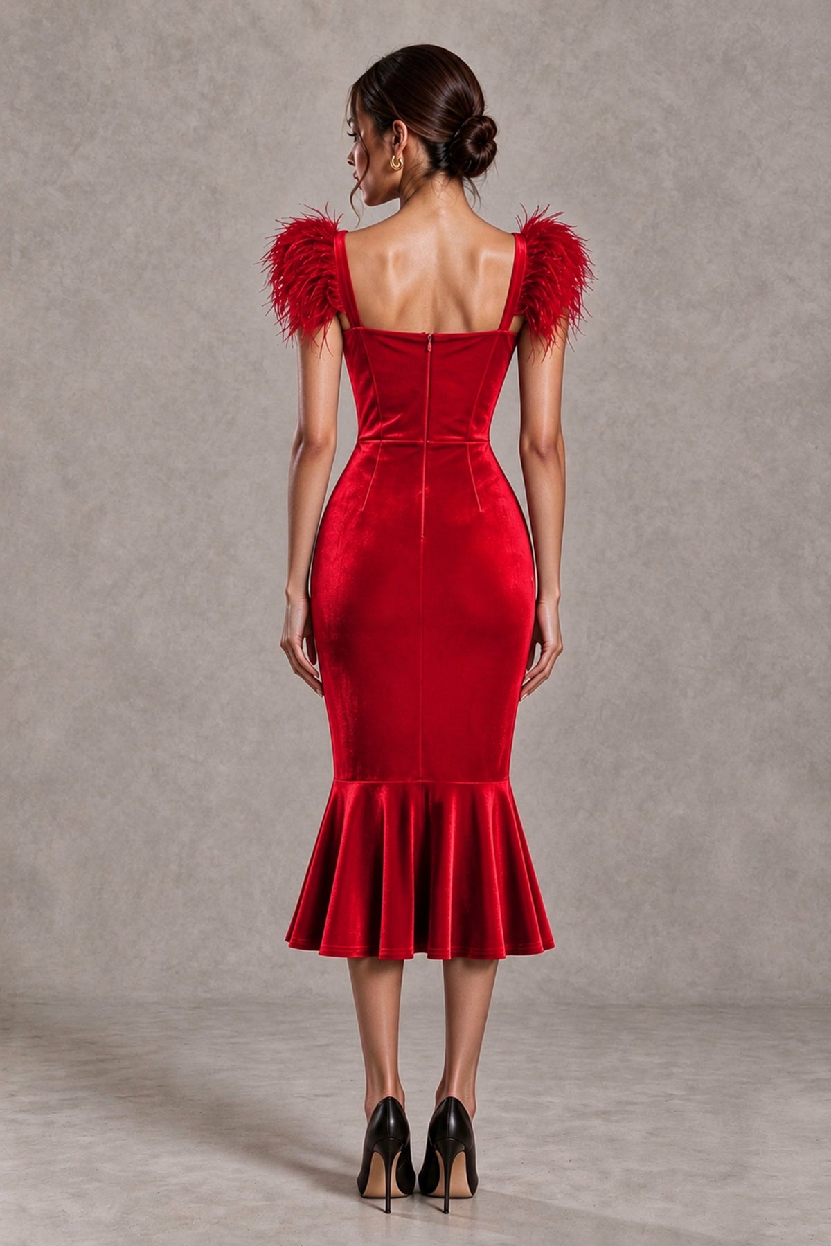BOLODOO Red Feather-Trim Velvet-Look Mermaid Midi Dress - Red - Red_2
