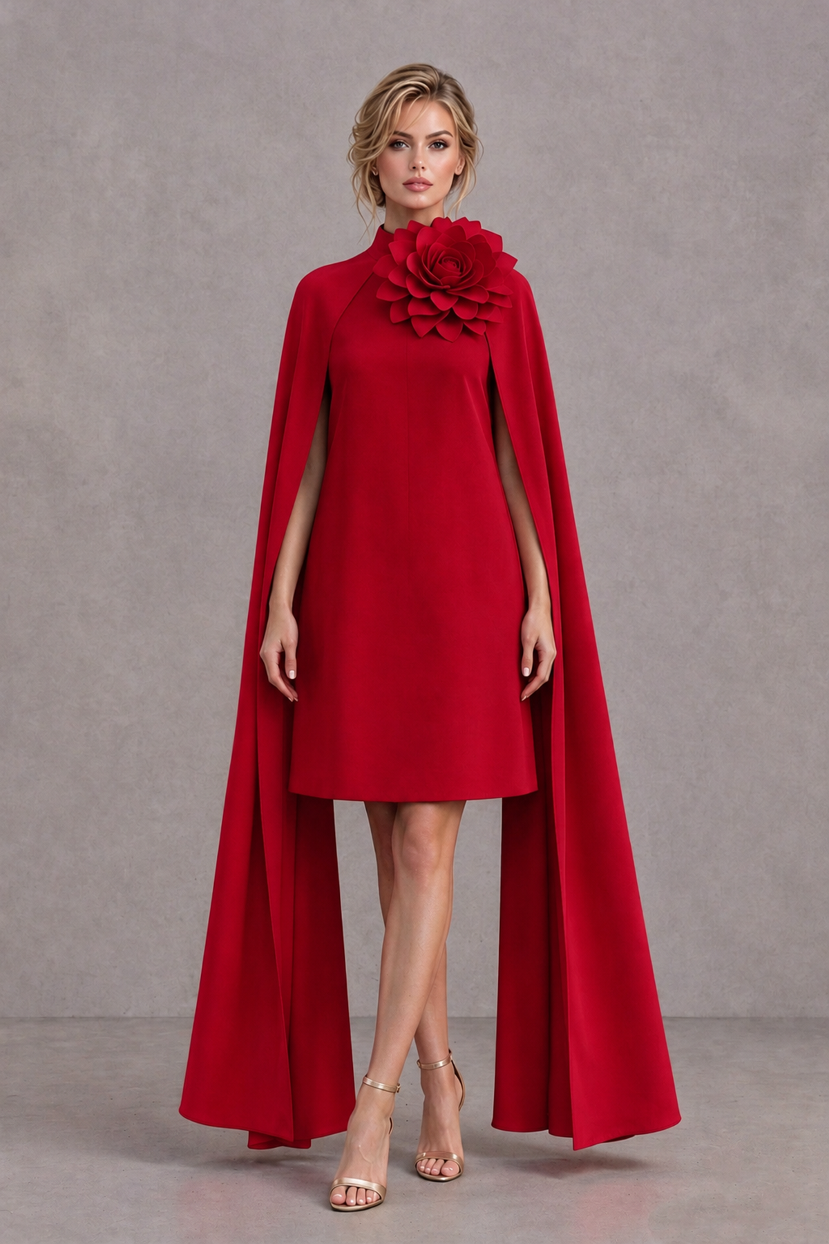 BOLODOO Red High Neck Floral Cape Mini Cocktail Dress - Red - Red_2
