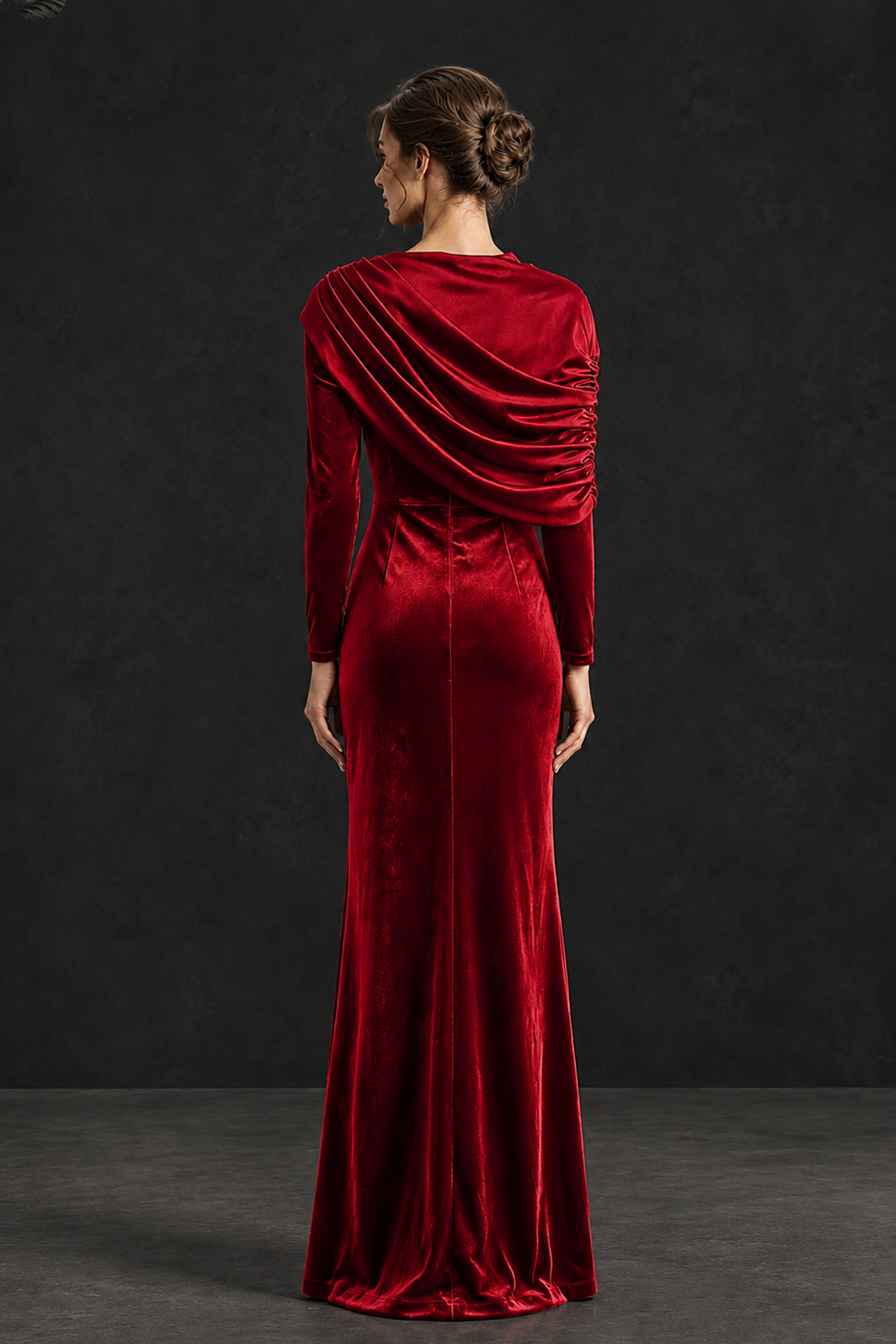 BOLODOO Red Velvet Long Sleeve Draped Mother of the Bride Dress - Red - Red_2