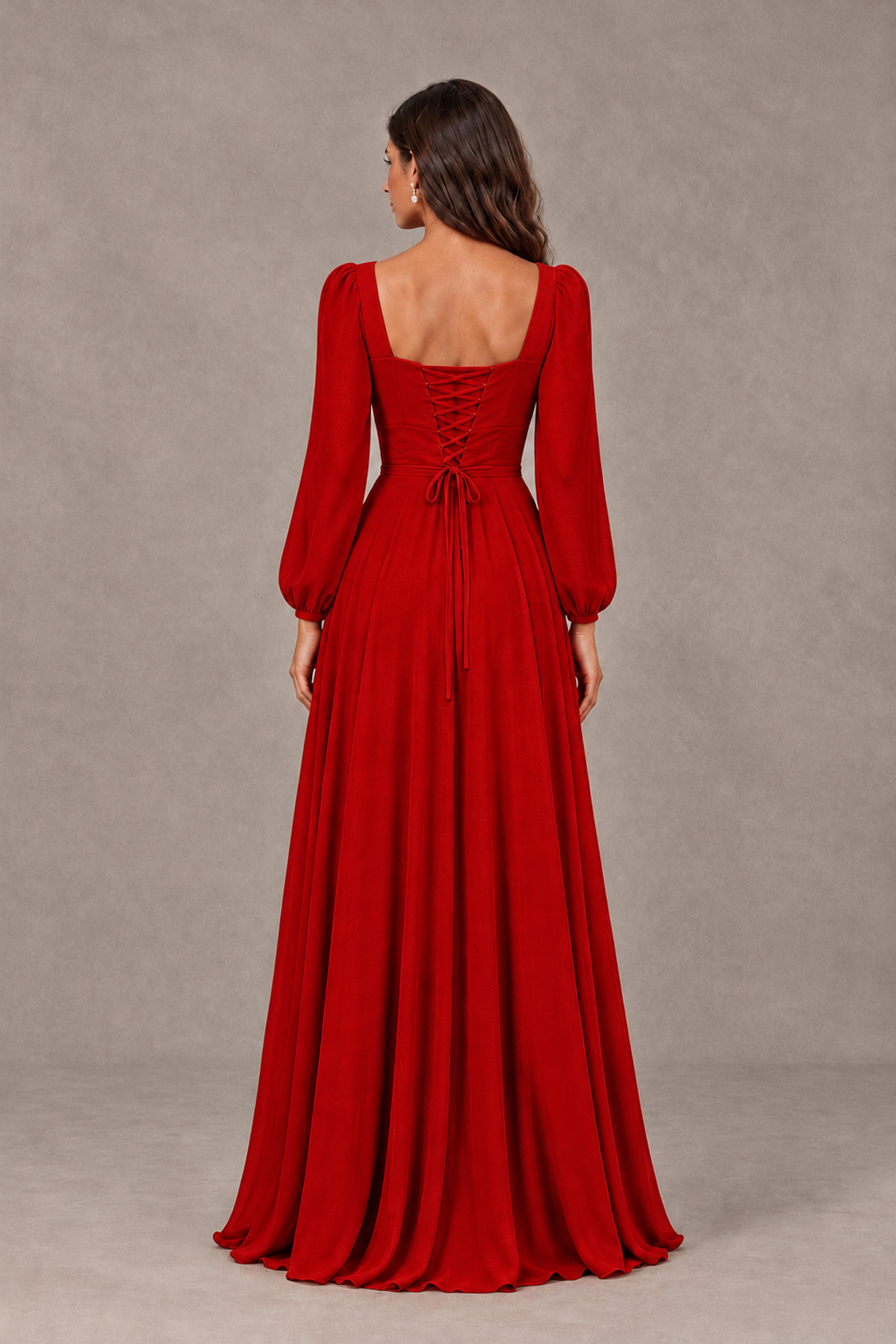 BOLODOO Red Square Neck Long Sleeve A-Line Bridesmaid Dress - Red - Red_2