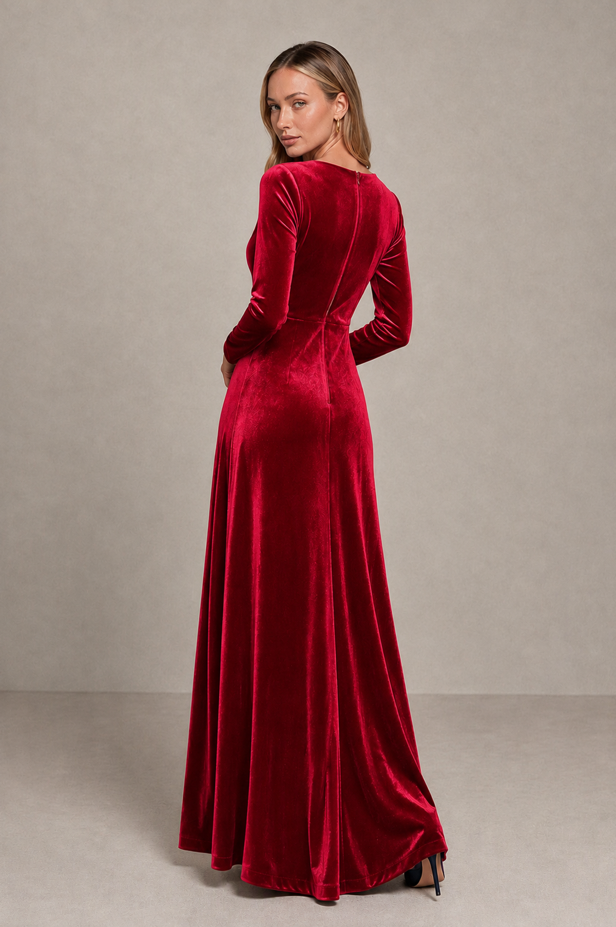 BOLODOO Red Velvet Long Sleeve V-Neck Ruched Evening Dress - Red - Red_2