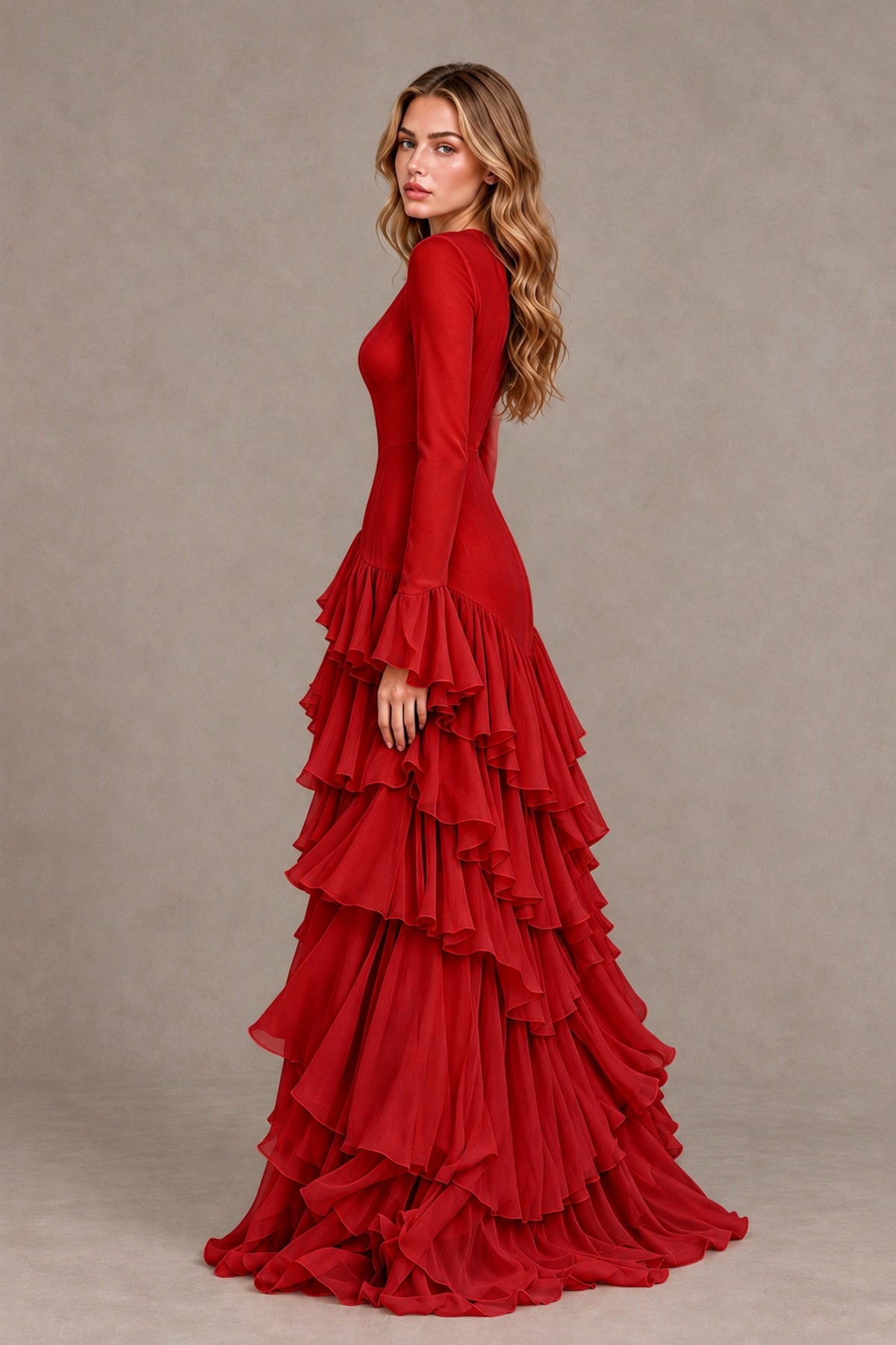 Red Long Sleeve Tiered Ruffle Evening Gown - Red - Red_2
