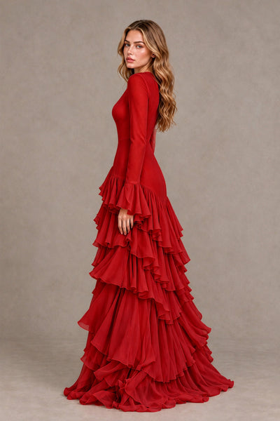 Red Long Sleeve Tiered Ruffle Evening Gown - Red - Red_2