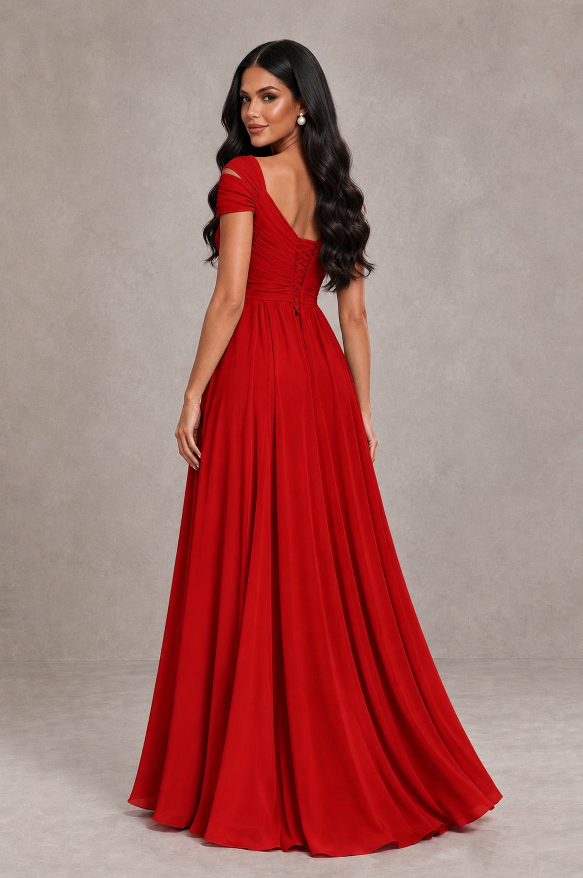 BOLODOO Red Cold Shoulder Chiffon Evening Dress with V Neck and High Slit - Red - Red_2