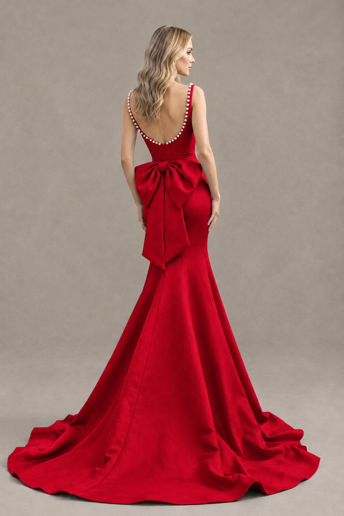 BOLODOO Red Pearl-Trim Mermaid Prom Dress with Back Bow - Red - Red_2