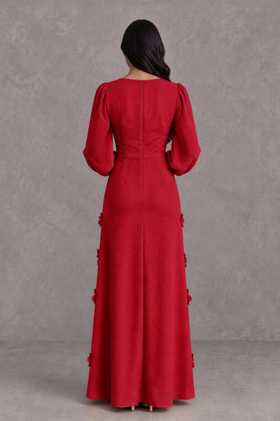 BOLODOO Red Long Sleeve Floral Applique A-Line Evening Dress - Red - Red_2