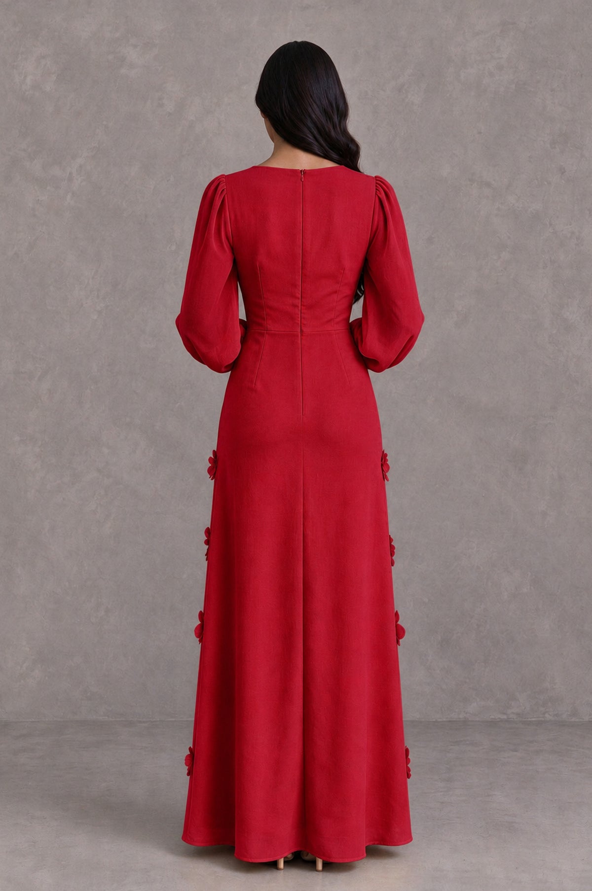 BOLODOO Red Long Sleeve Floral Applique A-Line Evening Dress - Red - Red_2