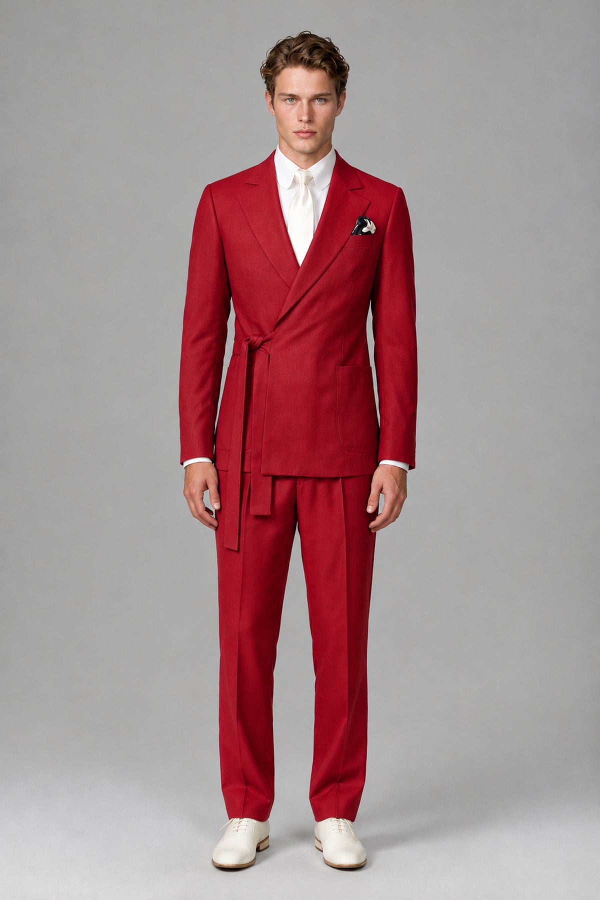 Bolodoo Men's Red Wrap Tie-Waist Two-Piece Suit – Jacket & Trousers - Red - Red_2