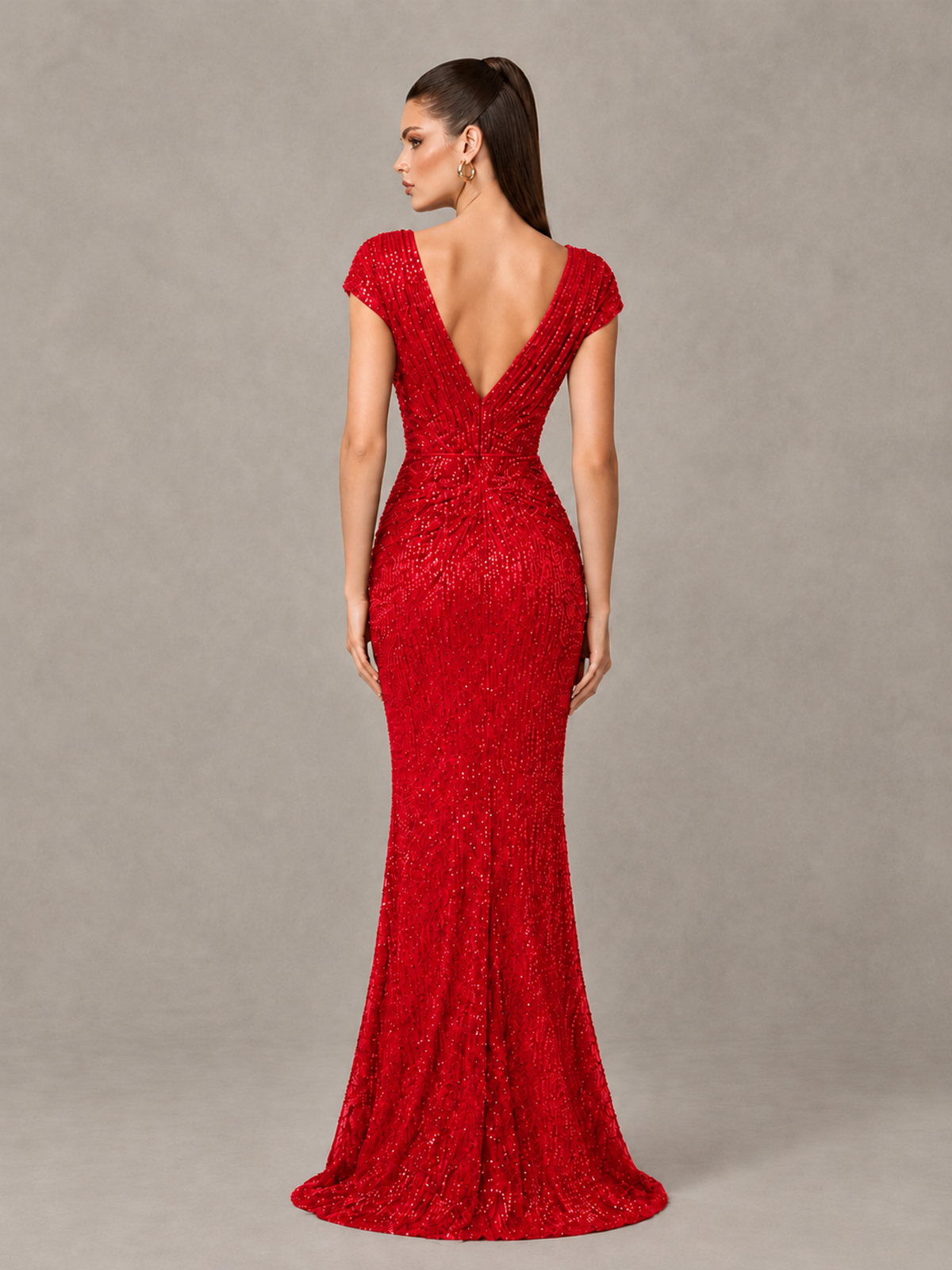 BOLODOO Red Glitter V-Neck Cap Sleeve Ruched Mermaid Evening Gown - Red - Red_2