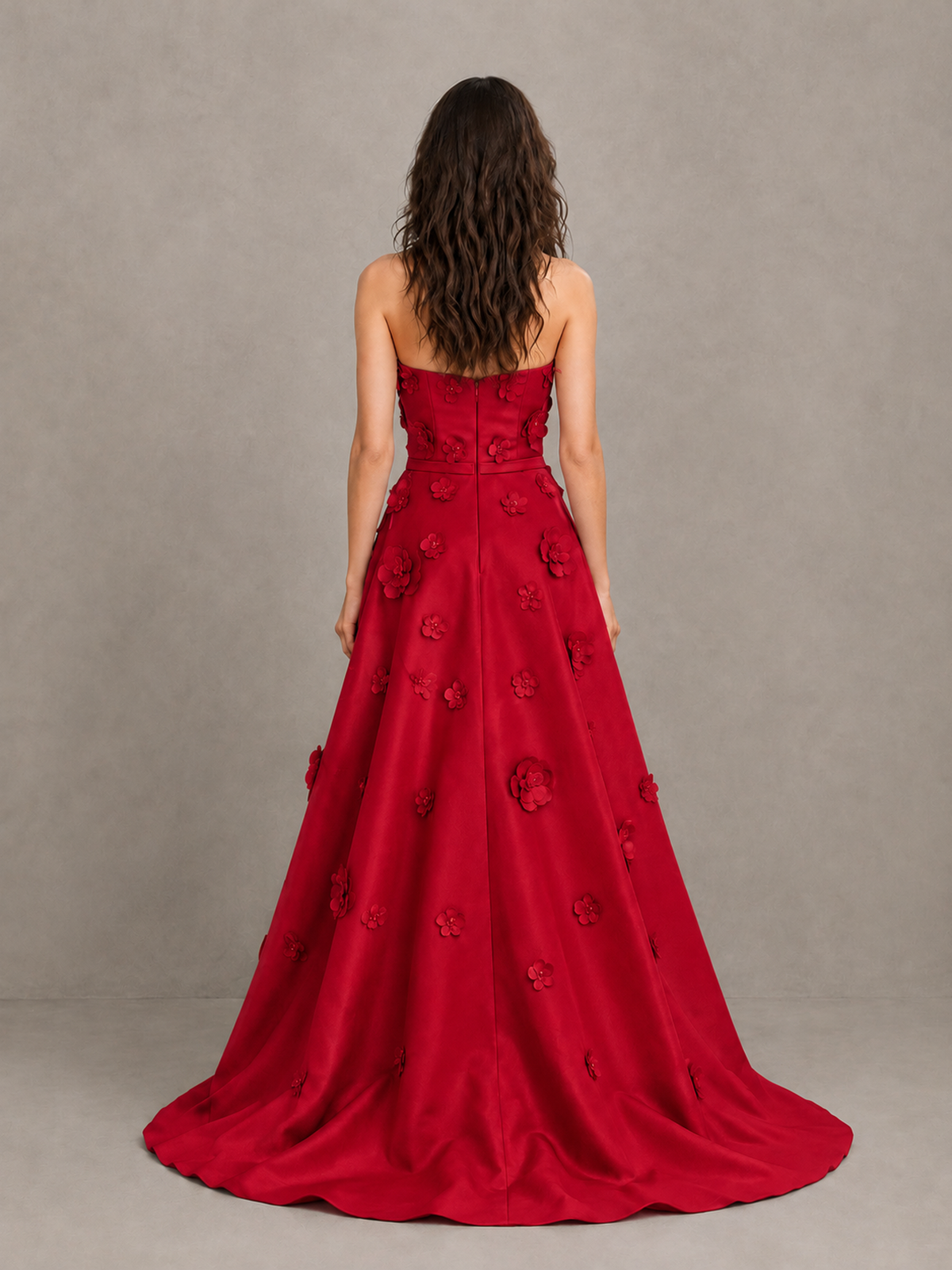 BOLODOO Red Strapless 3D Floral Applique Prom Gown with Draped Skirt - Red - Red(2)