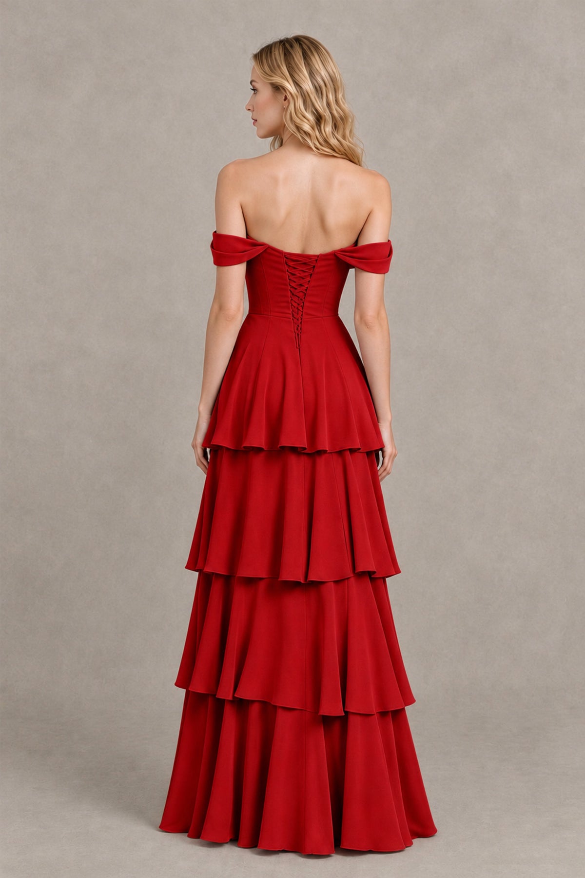 BOLODOO Red Off-the-Shoulder Tiered A-Line Evening Bridesmaid Dress - Red - Red_2