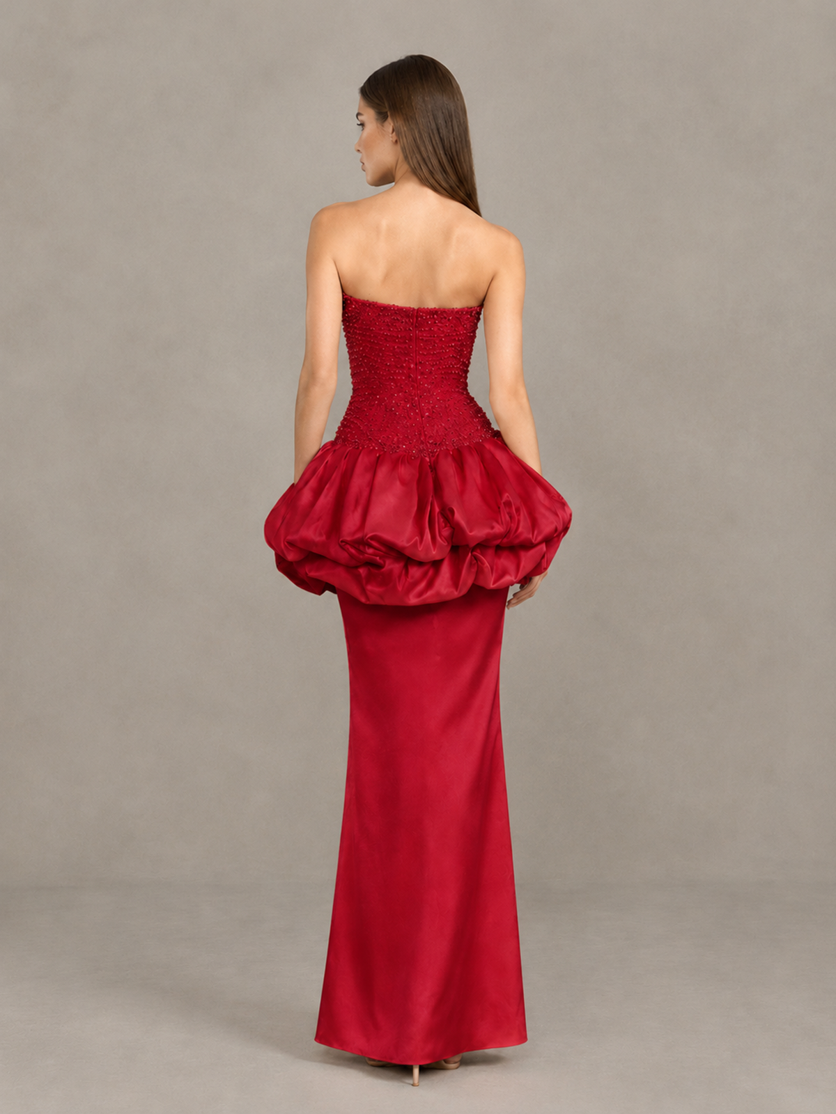 BOLODOO Red Strapless Embellished Bubble Peplum Evening Dress - Red - Red_2