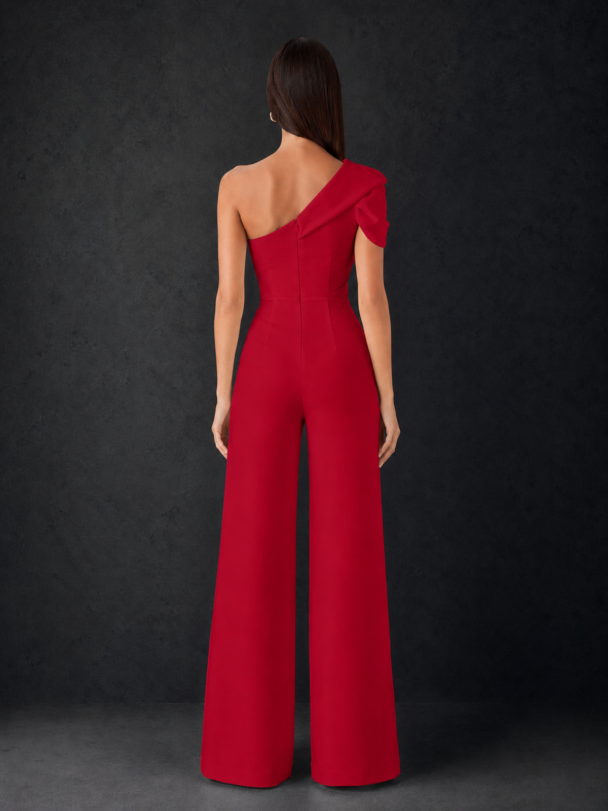 BOLODOO Red One-Shoulder Puff Sleeve Wide-Leg Jumpsuit with Front Slit and Open Back - Red