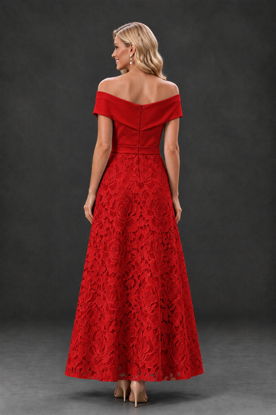 BOLODOO Red Off-the-Shoulder Floral A-Line Mother of the Bride Dress - Red - Red_2