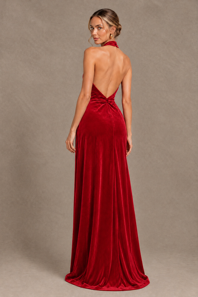 BOLODOO Red Velvet Halter Open-Back Ruched Evening Dress - Red - Red_2