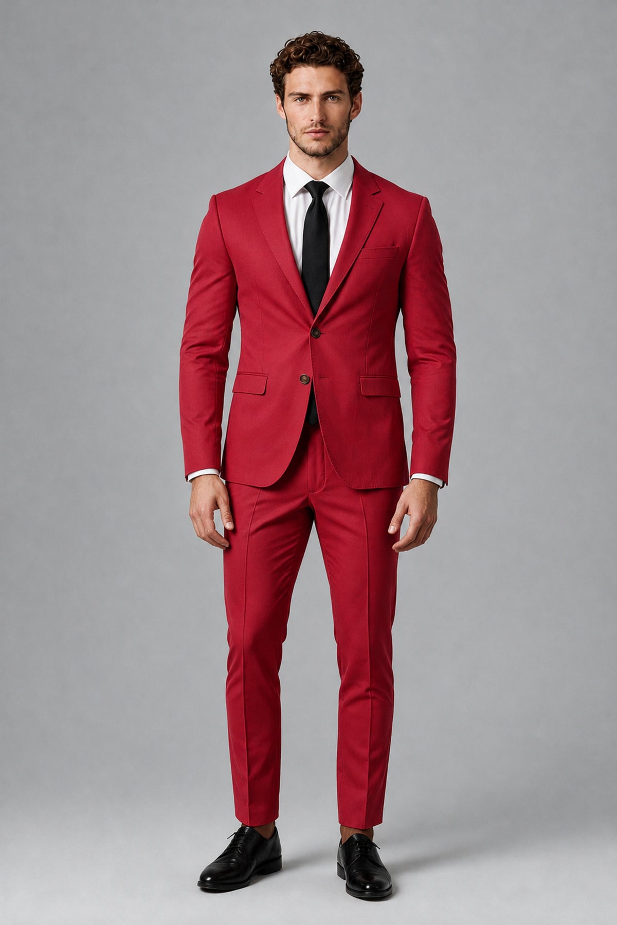 Bolodoo Men's Red Two-Piece Suit with Notch-Lapel Jacket & Trousers - Red - Red_2