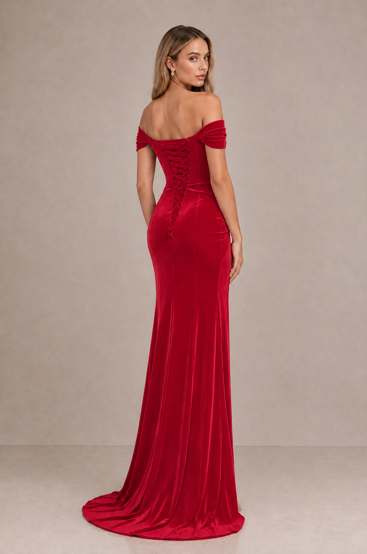 BOLODOO Red Velvet Off-Shoulder Ruched High Slit Evening Dress - Red - Red_2