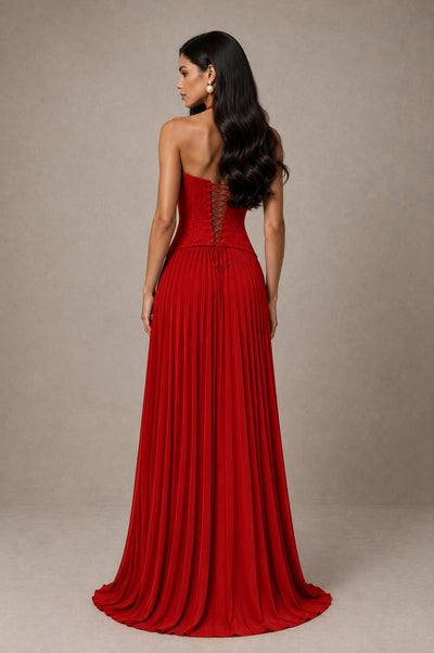 BOLODOO Red Halter Corset Pleated A-Line Evening Dress - Red - Red_2