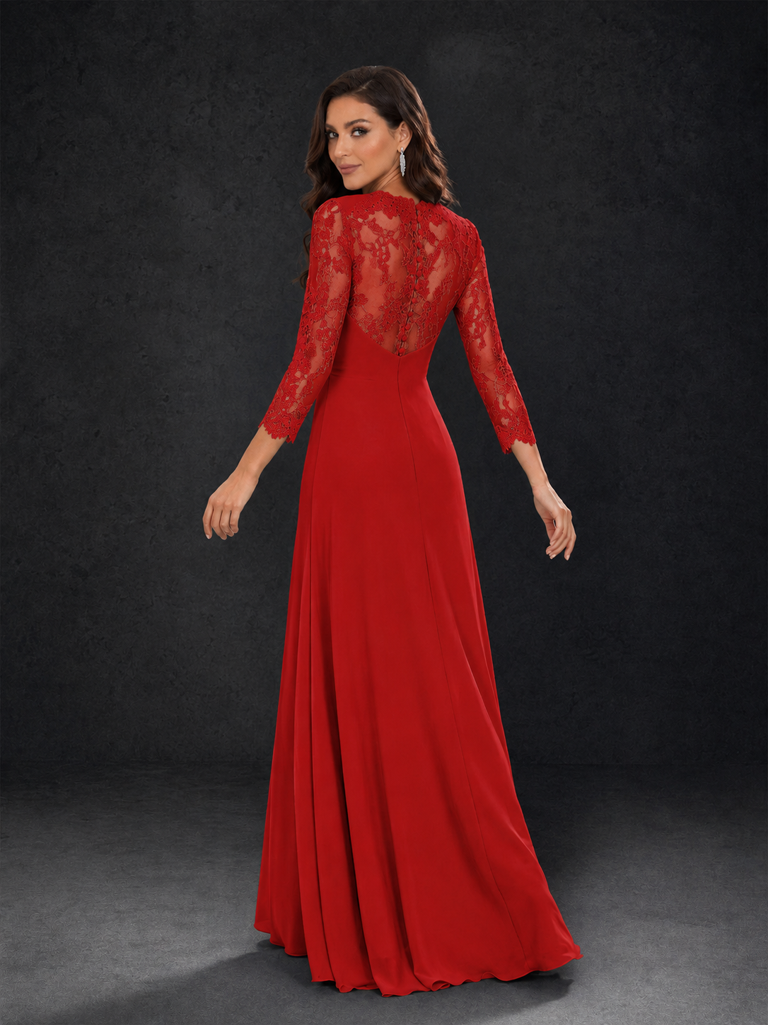 BOLODOO Red Lace Sleeve V-Neck Floral Waist Chiffon A-Line Maxi Dress - Red