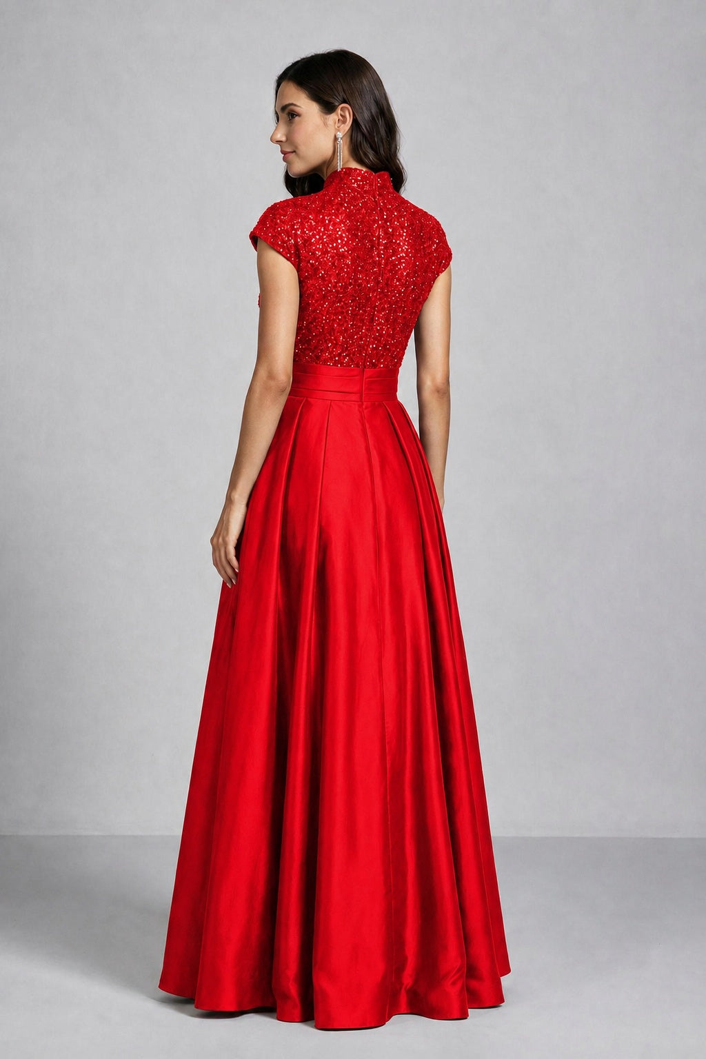 BOLODOO Red Sequin Embroidered High Neck Cap Sleeve A-Line Ball Gown – Formal Evening Dress - Red