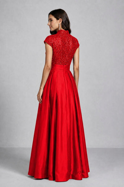 BOLODOO Red Sequin Embroidered High Neck Cap Sleeve A-Line Ball Gown – Formal Evening Dress - Red