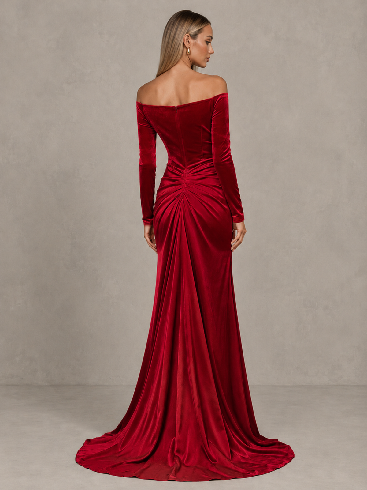 BOLODOO Red Off-Shoulder Velvet Evening Gown with High Slit - Red - Red_2