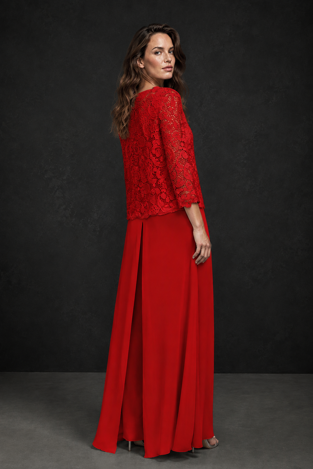 BOLODOO Red Grey Lace Peplum Top & Wide-Leg Chiffon Pants Set | Mother of the Bride & Formal Evening Outfit - Red