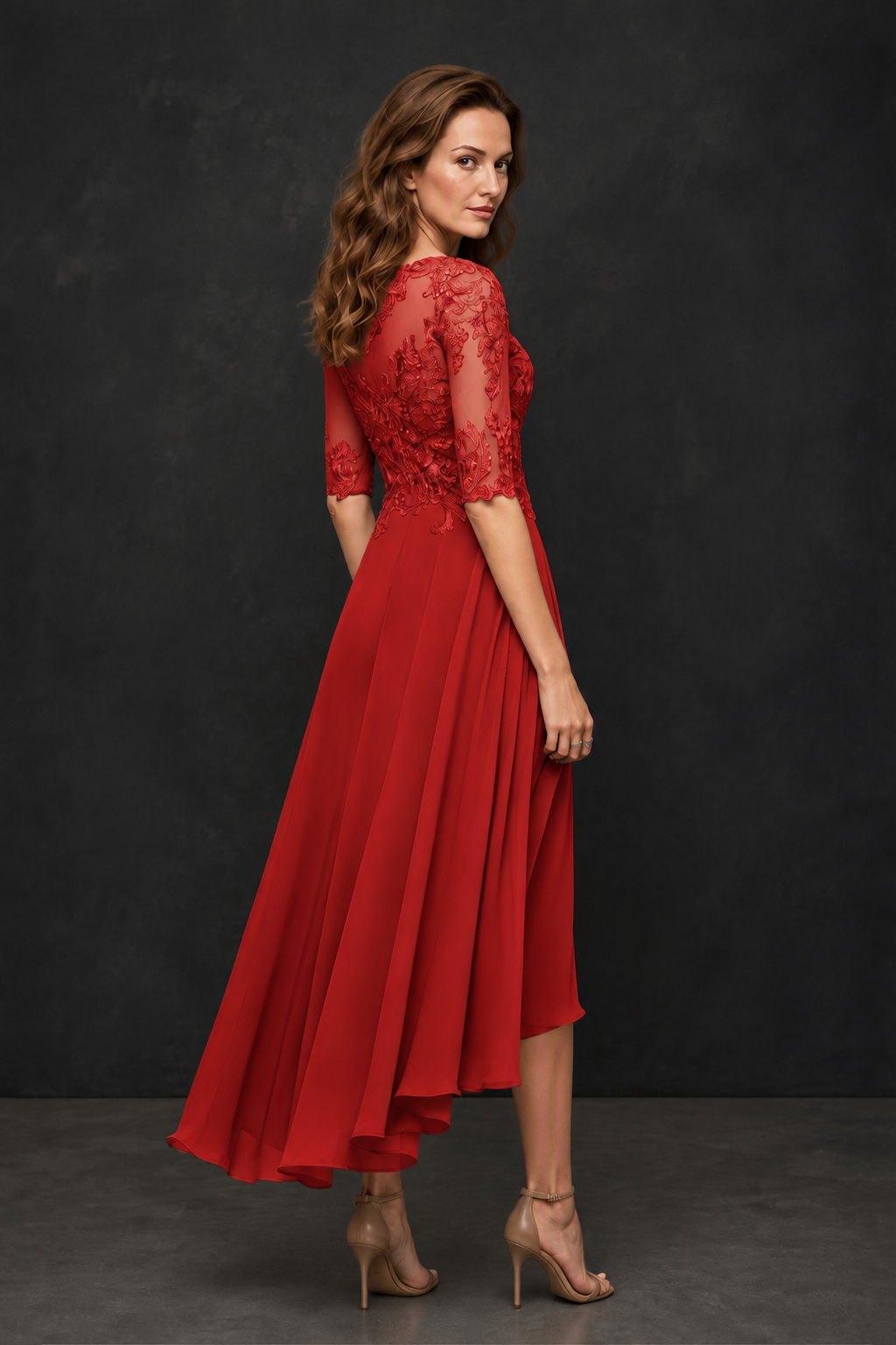 BOLODOO Red Illusion Lace 3/4 Sleeve Hi-Lo Chiffon A-Line Dress | Mother of the Bride Tea Length Dress - Red