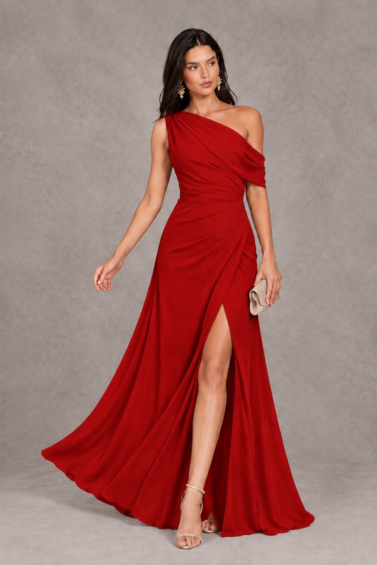 Red One-Shoulder Floor-Length Evening Gown with High Slit - Red