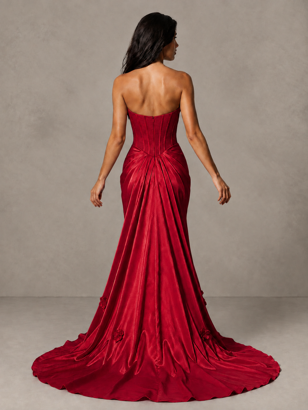 BOLODOO Red Strapless Floral Corset Evening Gown with Train - Red - Red_2