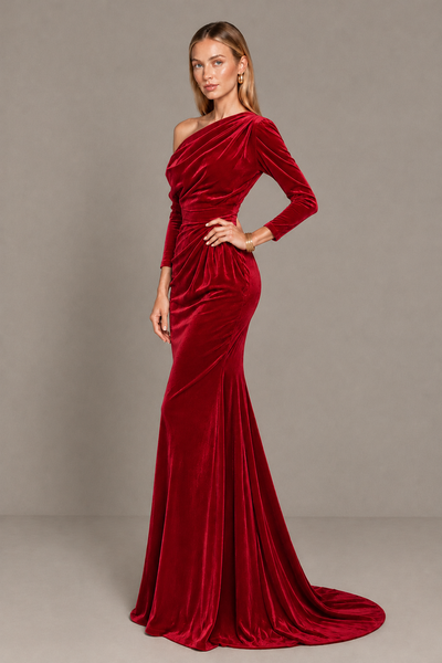 BOLODOO Red Velvet Asymmetric Neck Mermaid Evening Dress - Red - Red_2