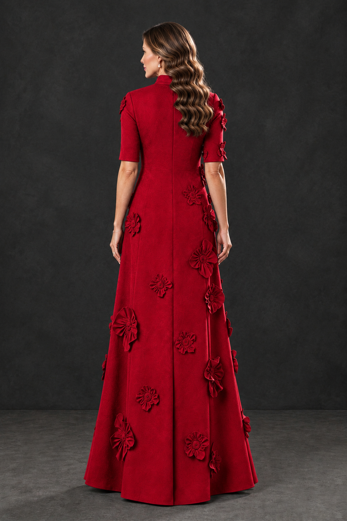 BOLODOO Red Floral Applique High-Neck Half-Sleeve Gown - Red - Red_2