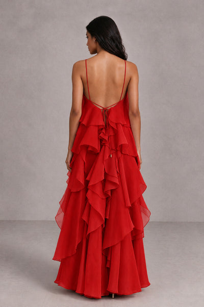 BOLODOO Red Cascading Ruffle Rosette Open-Back Maxi Dress - Red - Red_2