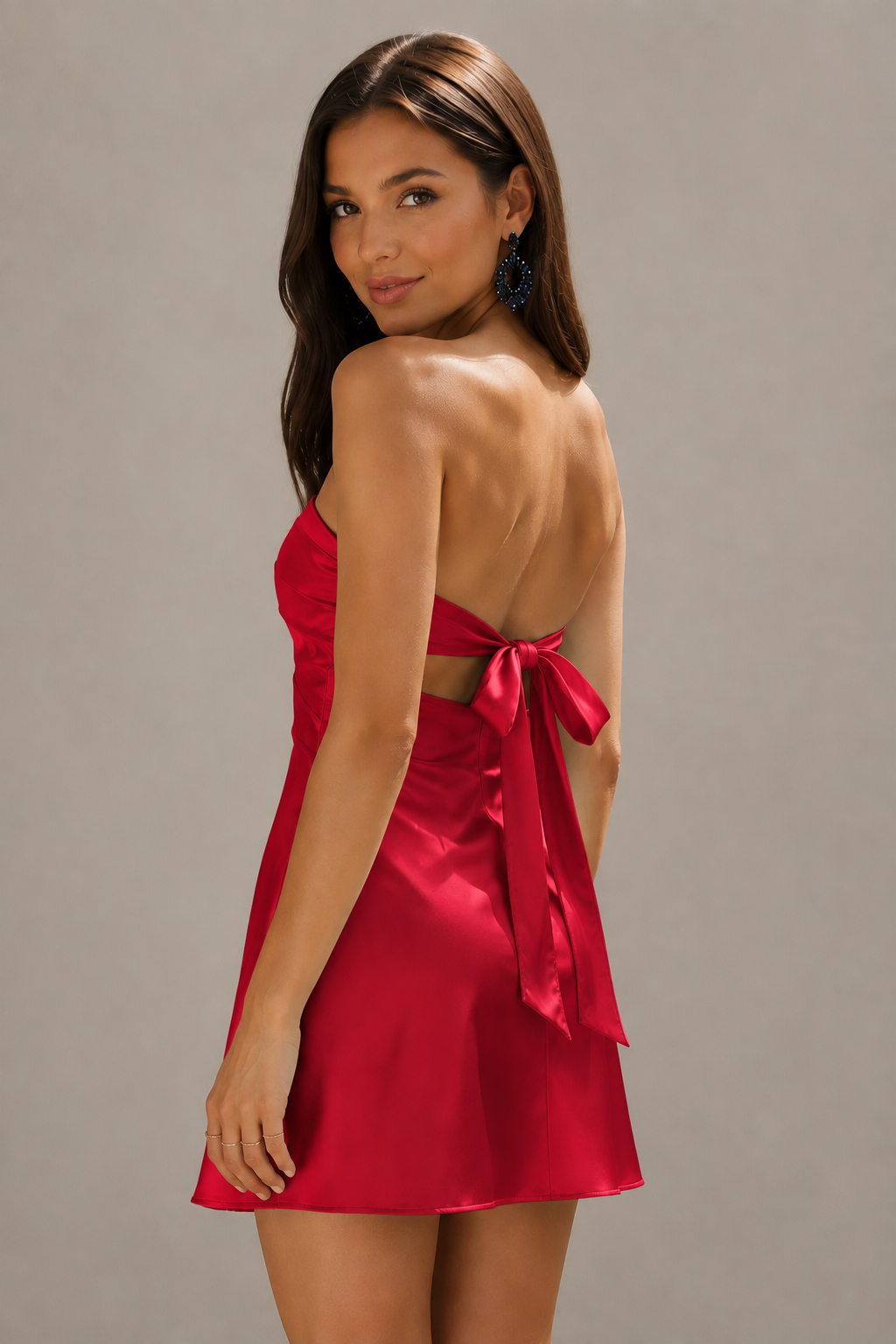 BOLODOO Mint Red Satin Strapless Twist Cutout Mini Dress with Bow-Tie Open Back - Red