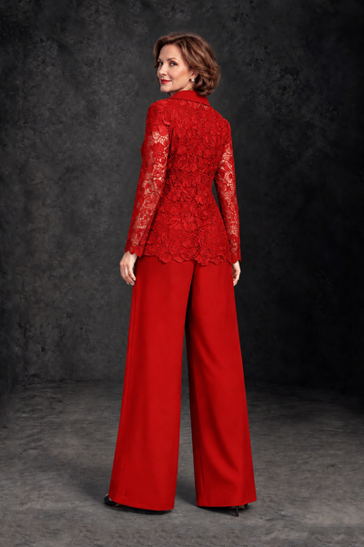 Red Lace Mother of the Bride Groom Pant Suit Wide-Leg Formal Dress - Red - Red_2