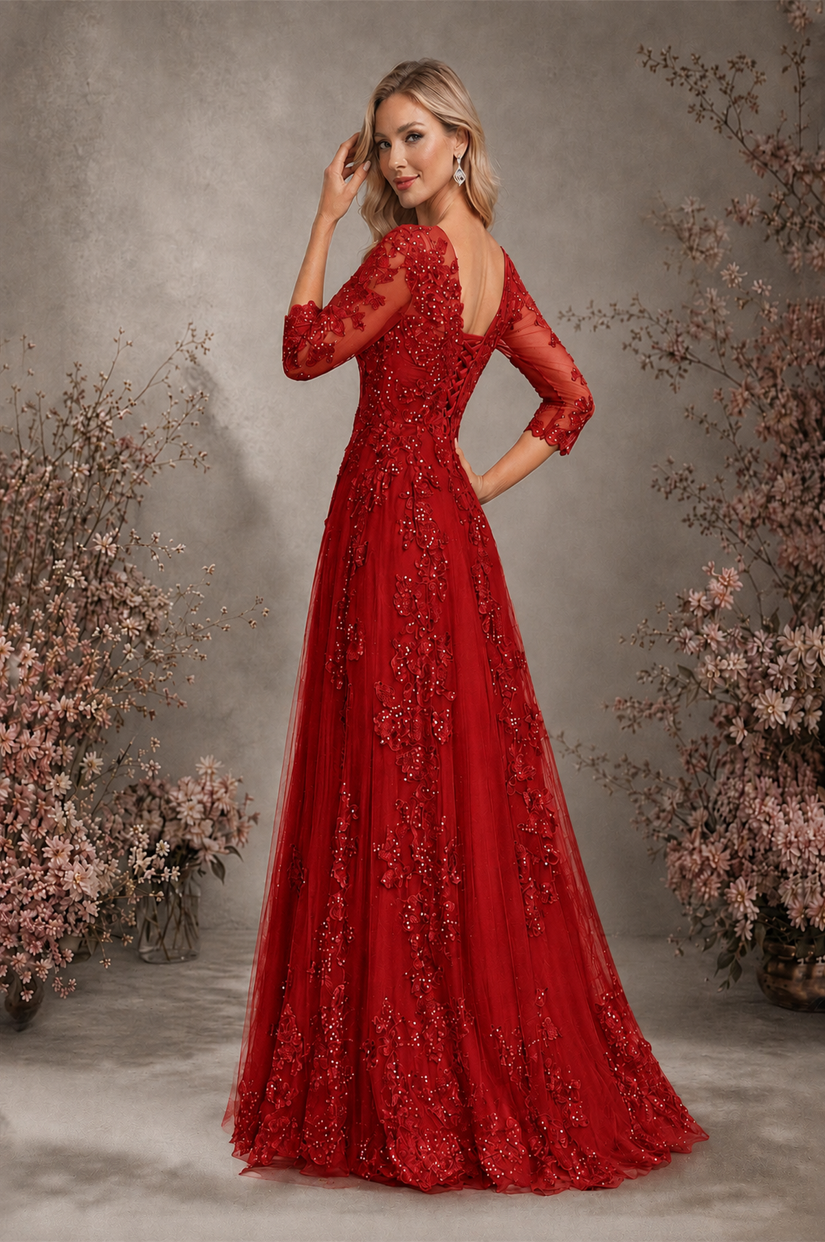 BOLODOO Red Sequin Lace 3/4 Sleeve Open Back Formal Evening Gown - Red