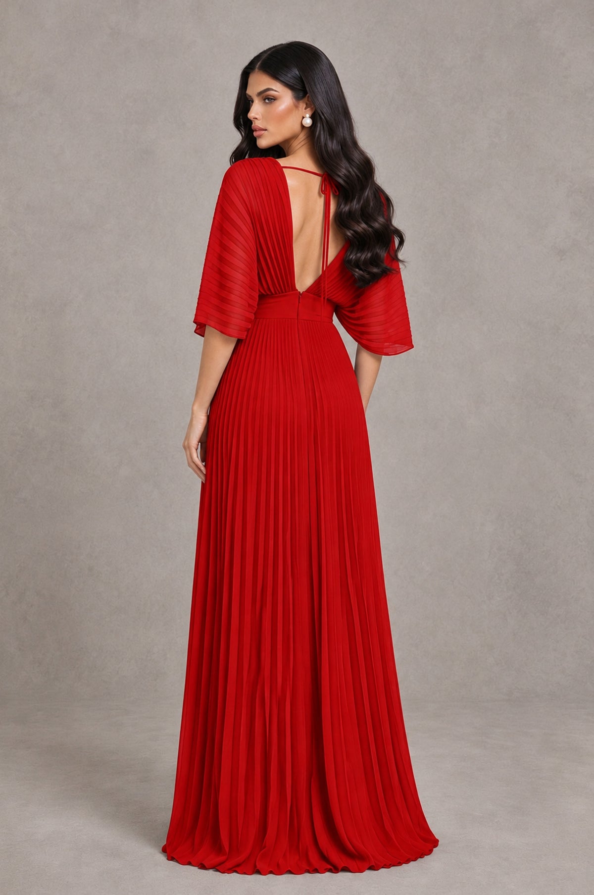 BOLODOO Red V-Neck Pleated Flutter Sleeve Formal Dress - Red - Red_2