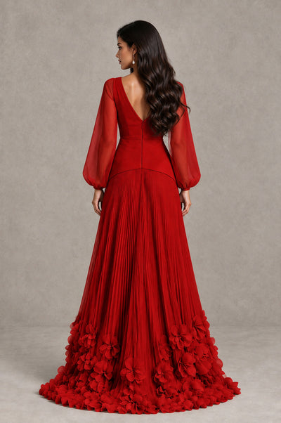 BOLODOO Red V-Neck Long Sleeve Pleated Floral Hem Evening Dress - Red - Red_2