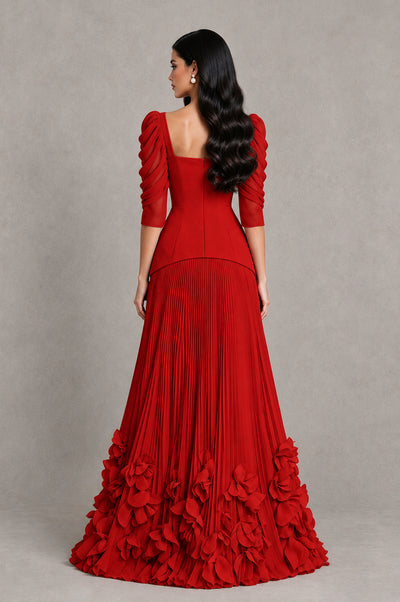 BOLODOO Red Square Neck Pleated Floral Applique Evening Dress - Red - Red_2