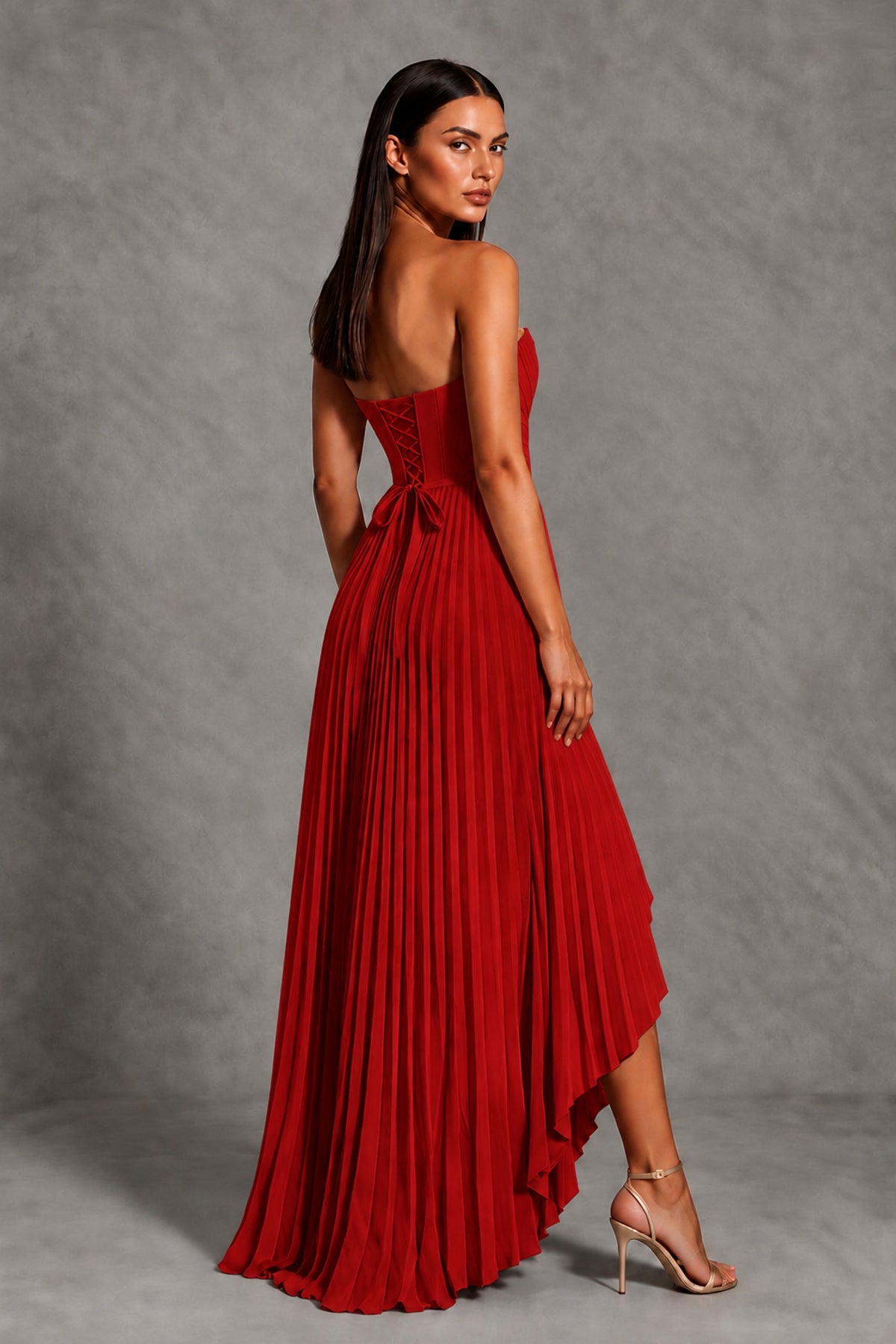 Red Strapless Pleated High-Low Evening Gown with Ruffle Hem - Red - Red_2