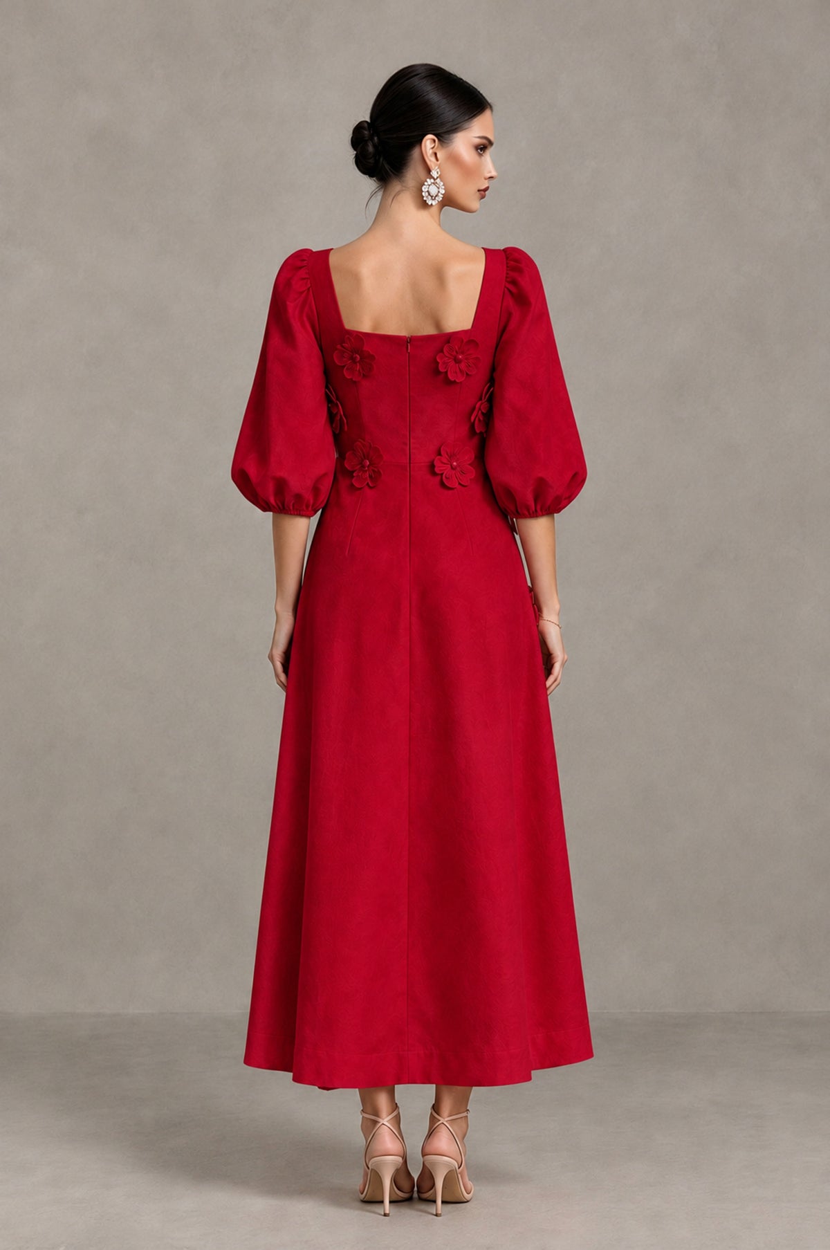 BOLODOO Red 3D Floral Puff Sleeve Midi Cocktail Dress - Red - Red_2