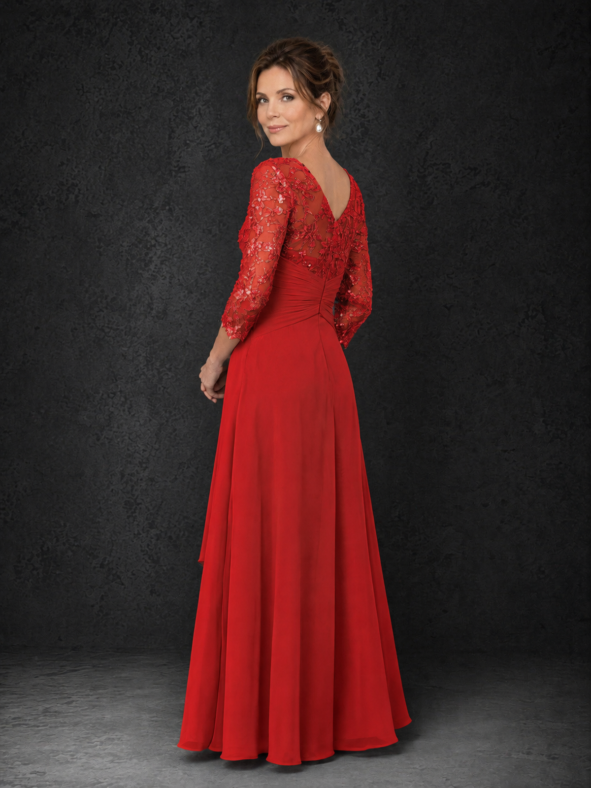 BOLODOO Red Sequin Lace & Chiffon Tea-Length Mother of the Bride Dress with 3/4 Sleeves - Red