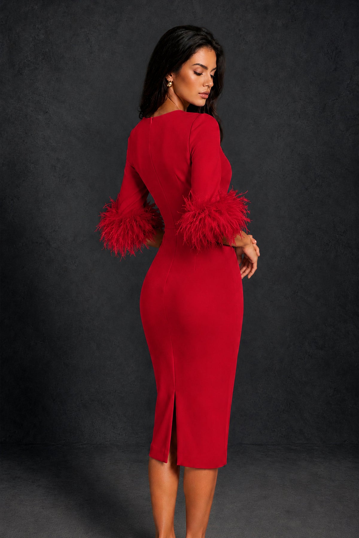 BOLODOO Red Ostrich Feather Cuff 3/4 Sleeve Round Neck Bodycon Midi Dress with Back Slit - Red
