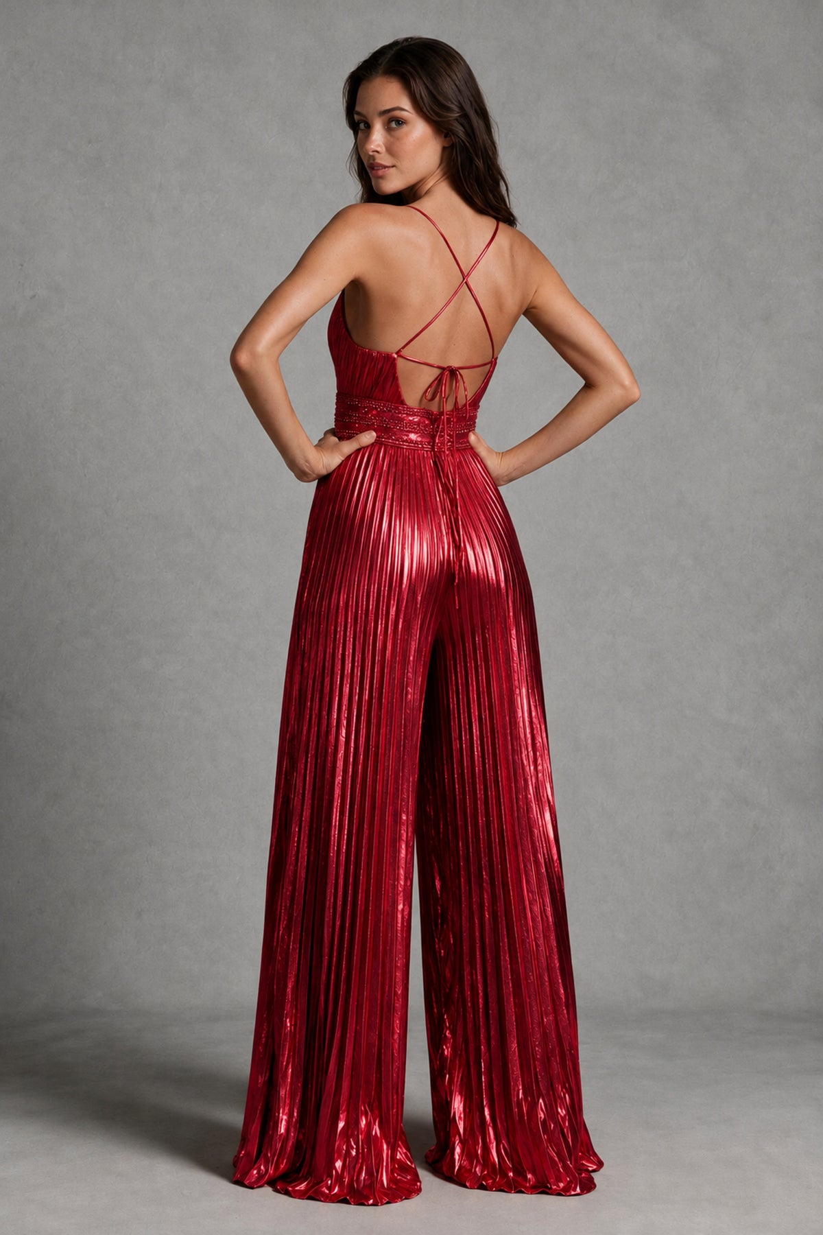 BOLODOO Red Pleated Wide-Leg Jumpsuit with Open Back - Red