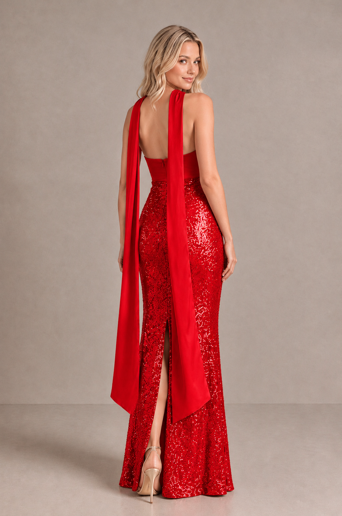 BOLODOO Red Strapless Sweetheart Evening Dress with Scarf - Red - Red_2