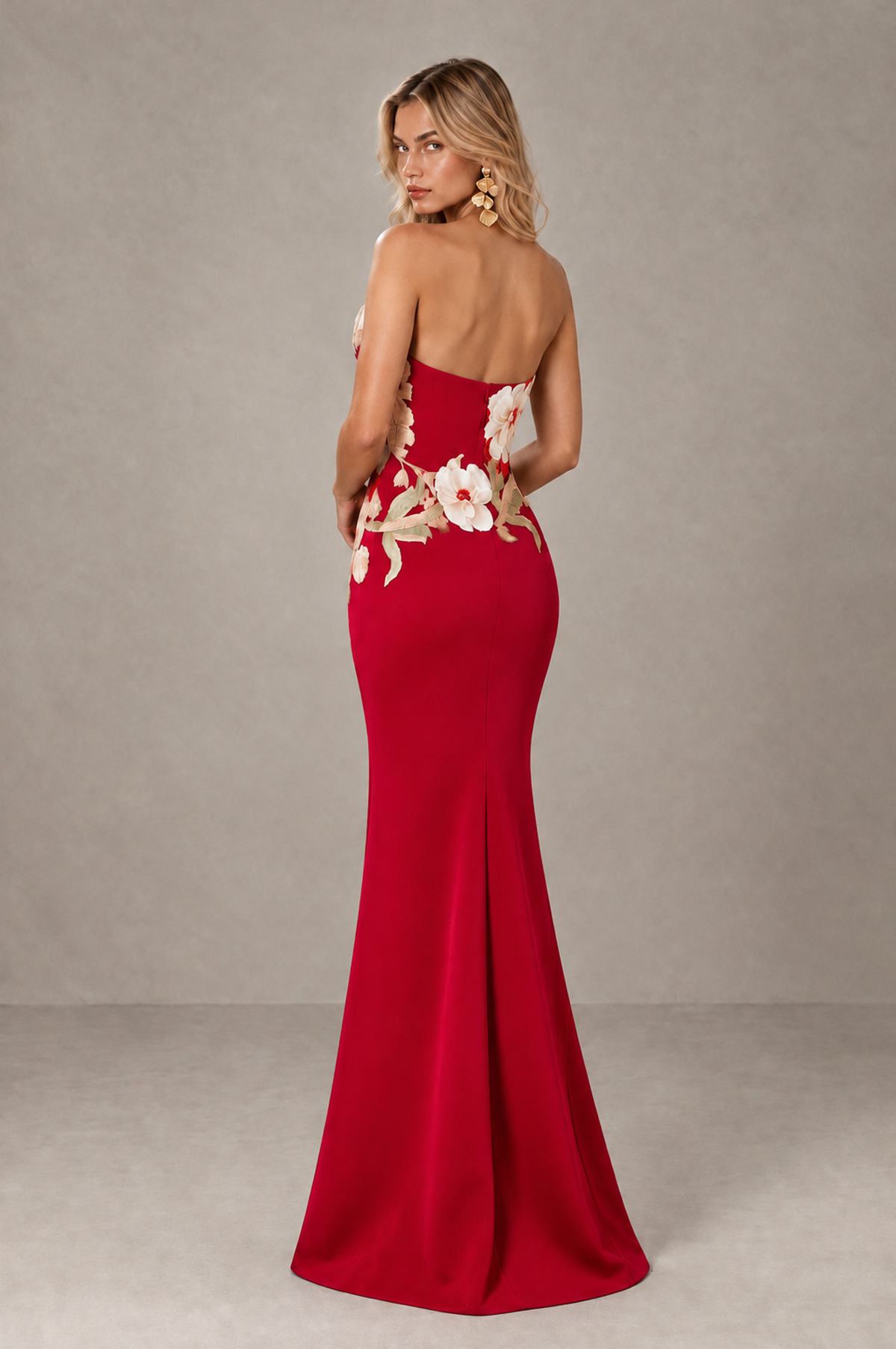 BOLODOO Red Strapless Floral Mermaid Evening Dress with Slit - Red - Red_2